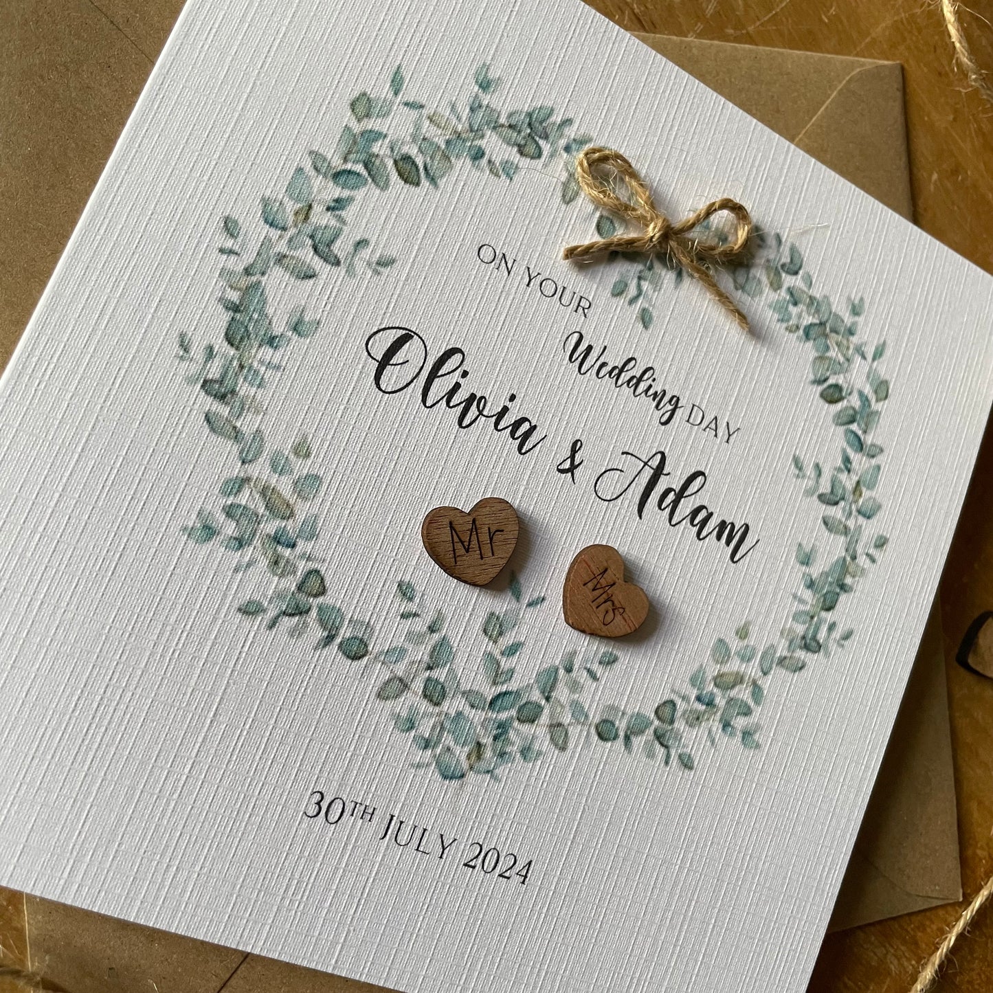 Personalised Wedding Day Card - Vintage Style Eucalyptus Heart Mr and Mrs - Rustic Wedding