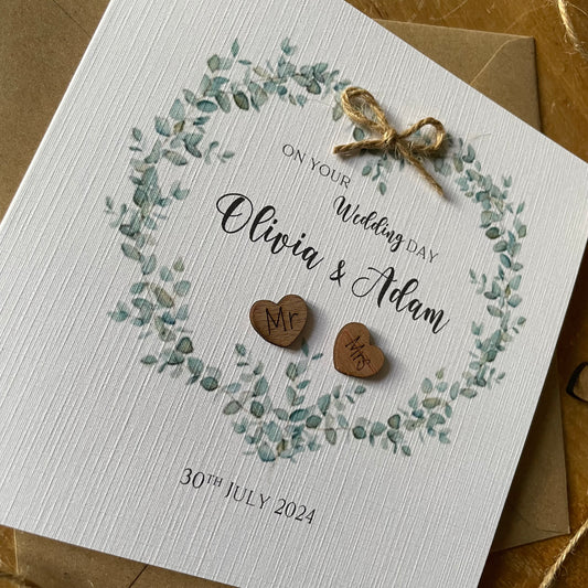 Personalised Wedding Day Card - Vintage Style Eucalyptus Heart Mr and Mrs - Rustic Wedding