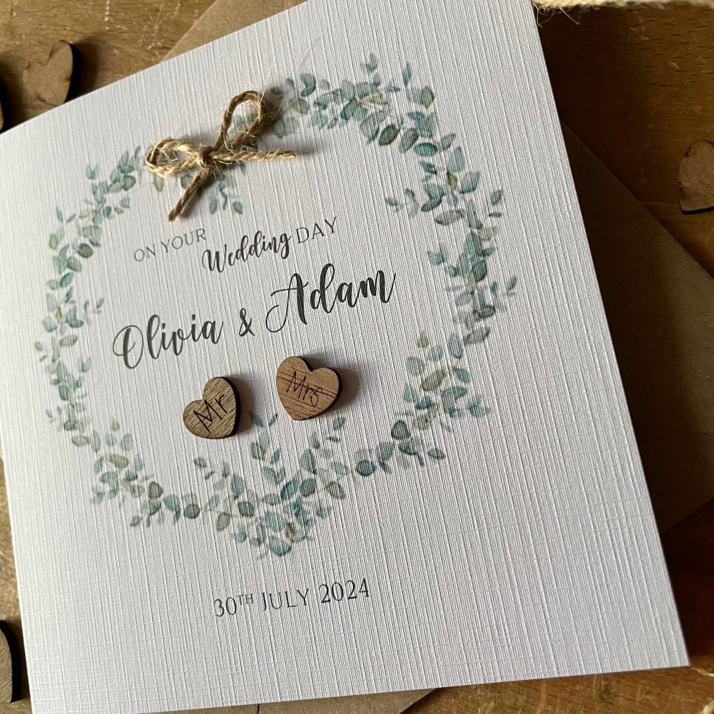 Personalised Wedding Day Card - Vintage Style Eucalyptus Heart Mr and Mrs - Rustic Wedding