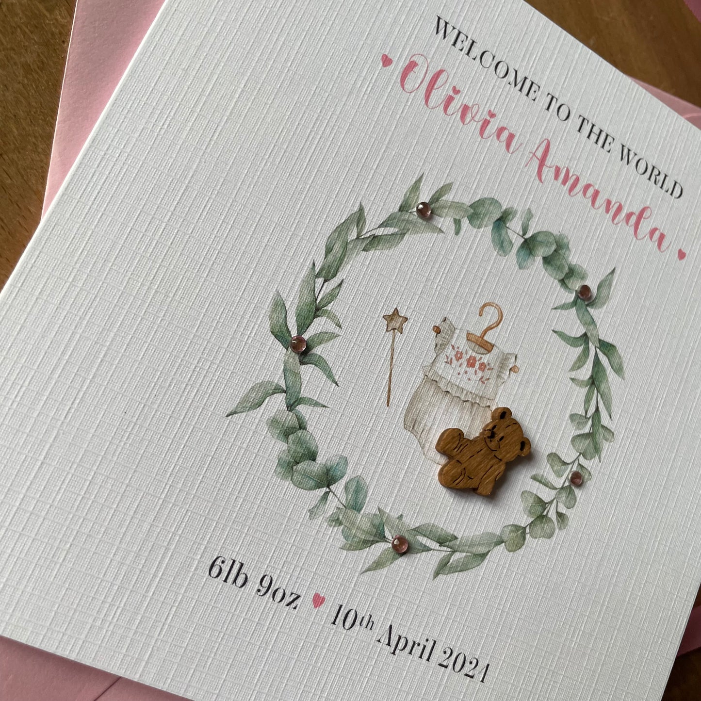 Personalised New Baby Girl Card, Wreath & Teddy - Pink, New Baby Granddaughter, Baby Girl