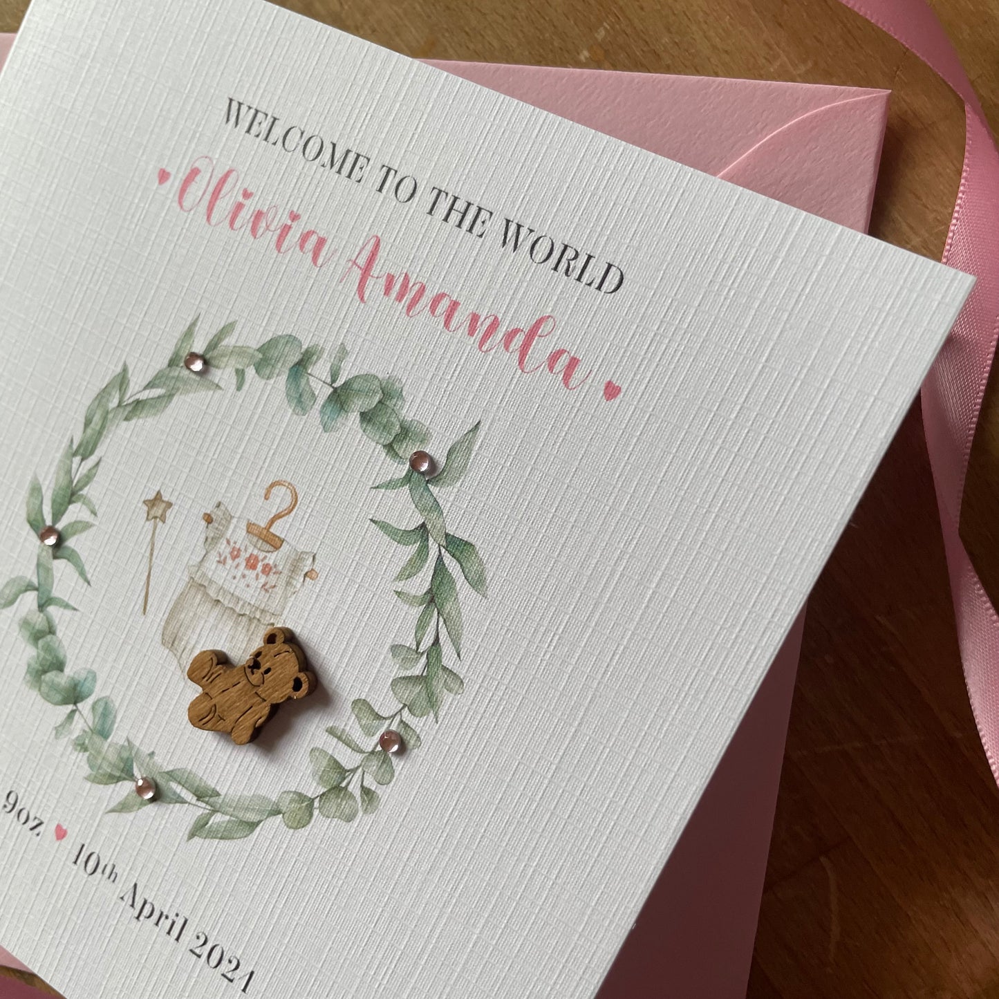 Personalised New Baby Girl Card, Wreath & Teddy - Pink, New Baby Granddaughter, Baby Girl