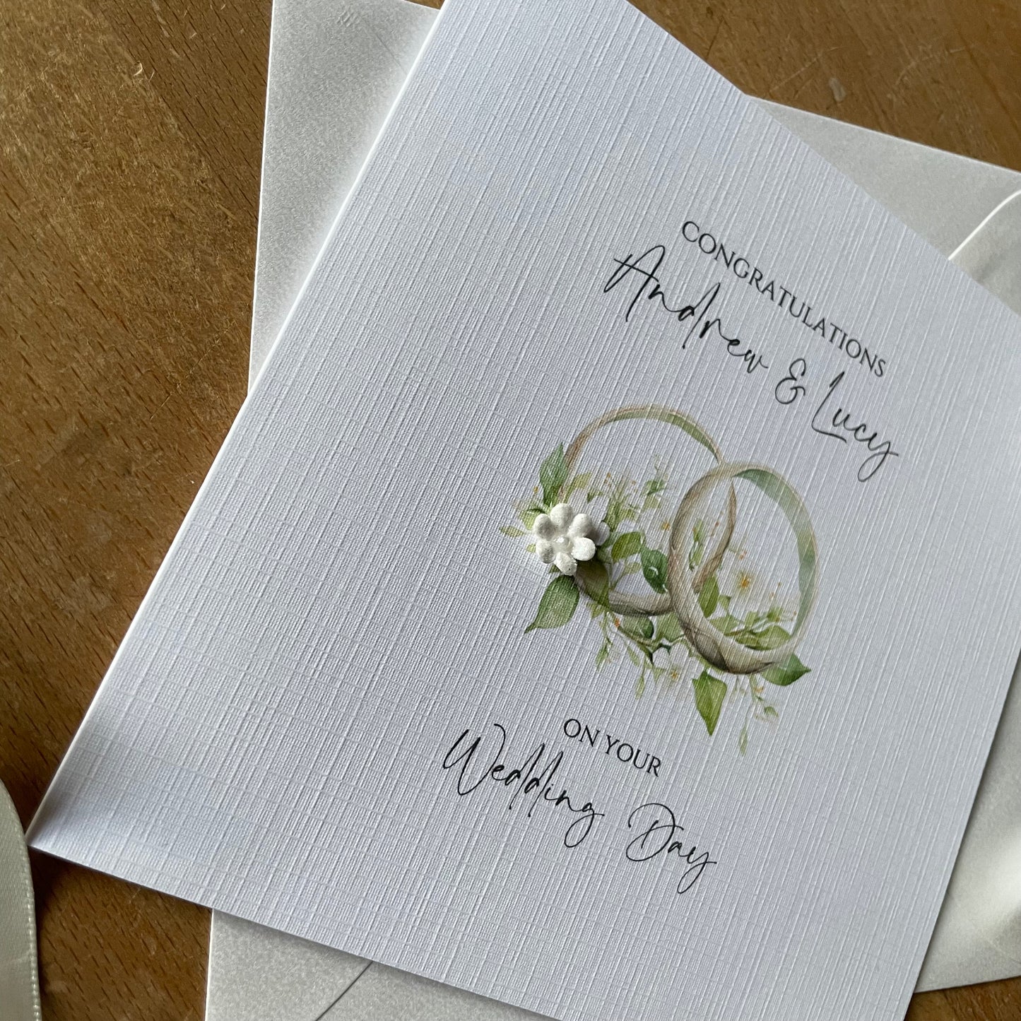 Personalised Newlyweds Bride & Groom Wedding Day Card - Floral Linked Wedding Rings Green/Cream - Congratulations Wedding Gift Card