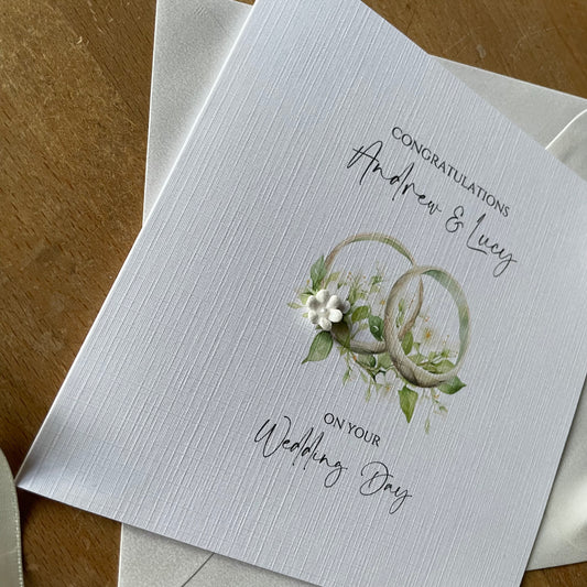Personalised Newlyweds Bride & Groom Wedding Day Card - Floral Linked Wedding Rings Green/Cream - Congratulations Wedding Gift Card