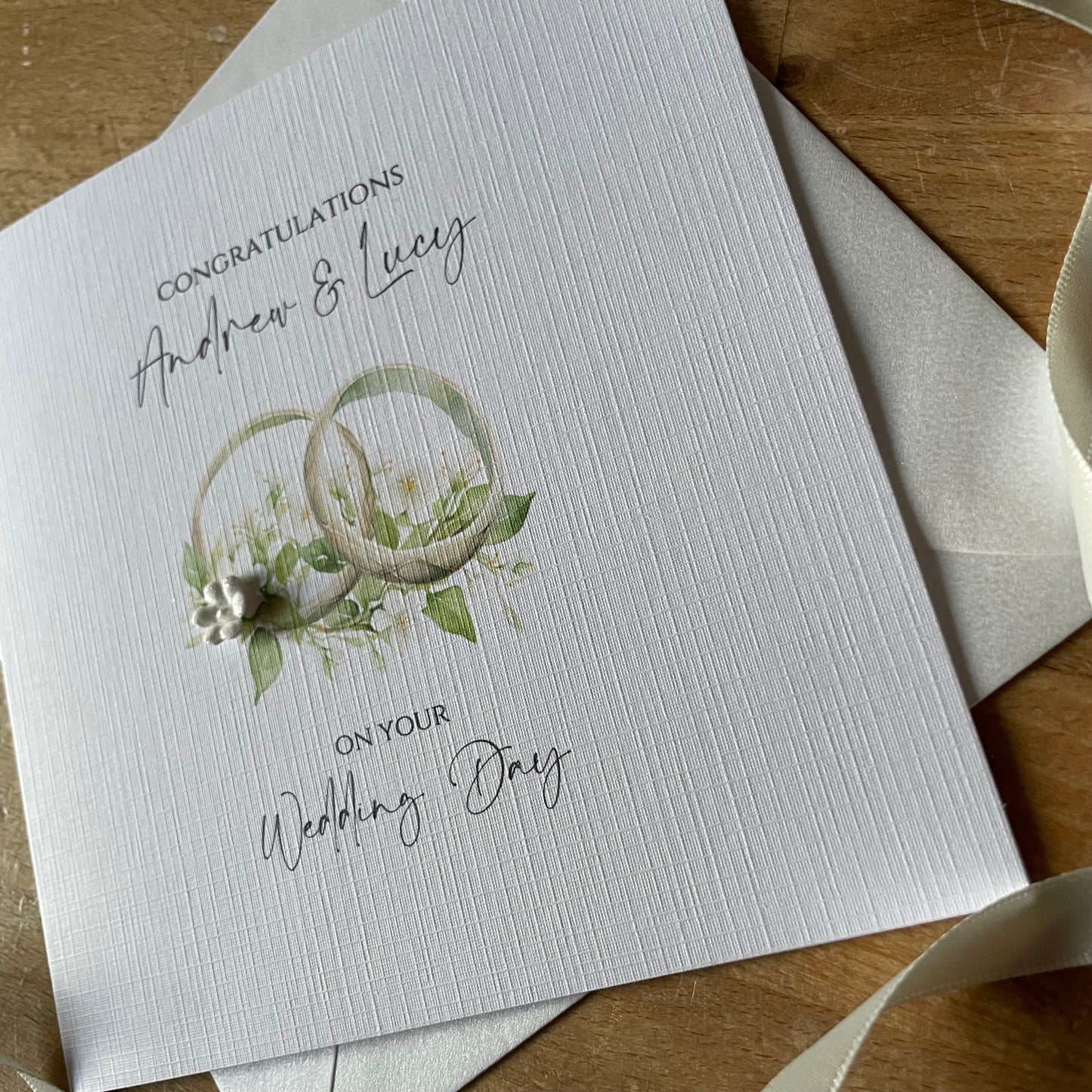 Personalised Newlyweds Bride & Groom Wedding Day Card - Floral Linked Wedding Rings Green/Cream - Congratulations Wedding Gift Card