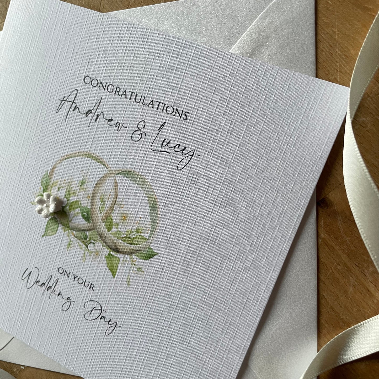 Personalised Newlyweds Bride & Groom Wedding Day Card - Floral Linked Wedding Rings Green/Cream - Congratulations Wedding Gift Card