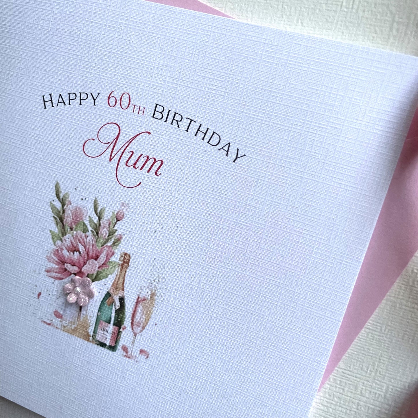 Personalised Birthday Card, Pink Champagne & Flowers, Birthday Gift Card, Sister, Mum, Daughter, Niece, 18th, 21st, 40th, any age