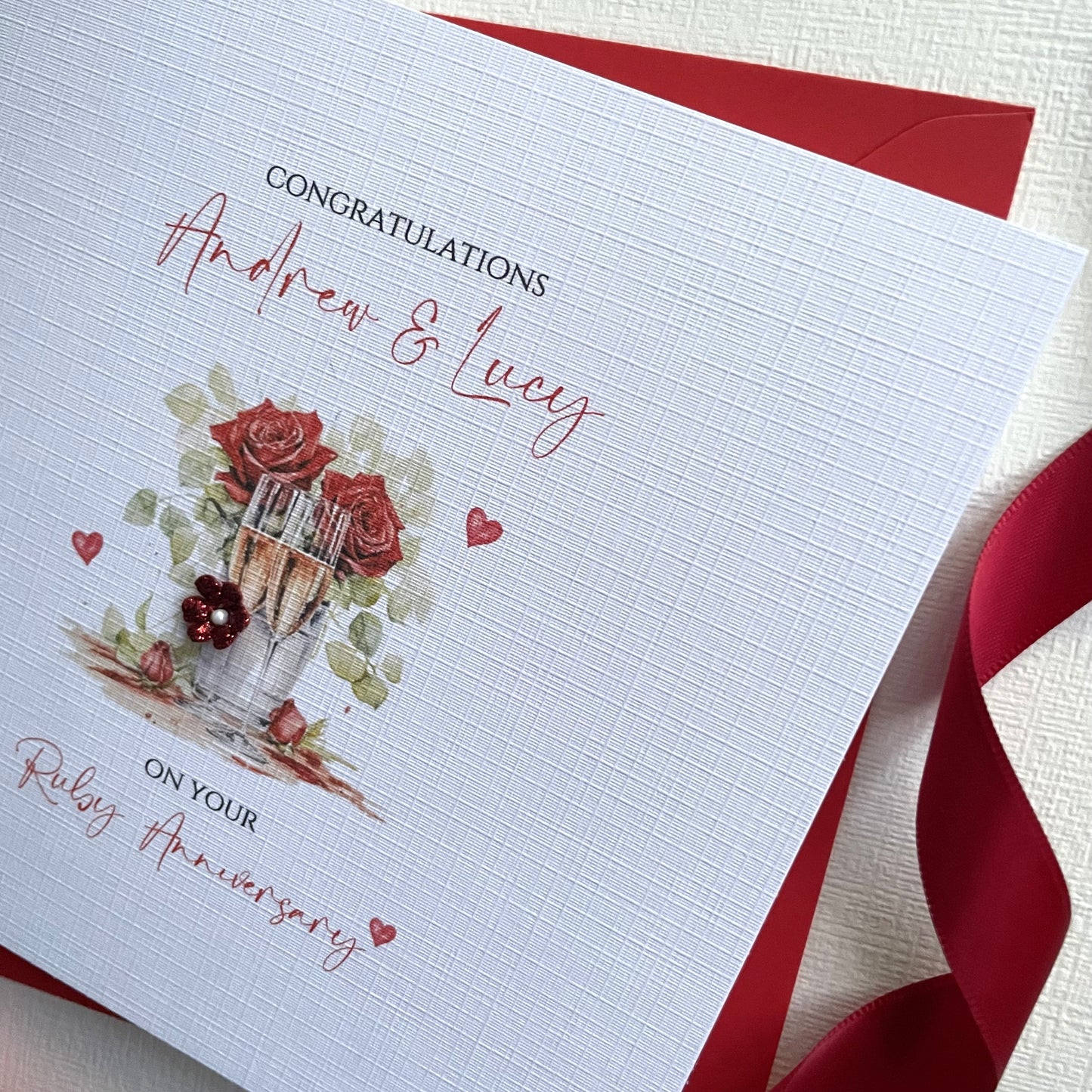 Ruby Wedding Anniversary Card, 40th, Champagne & Roses Personalised Card, 40 Years Personalised Anniversary
