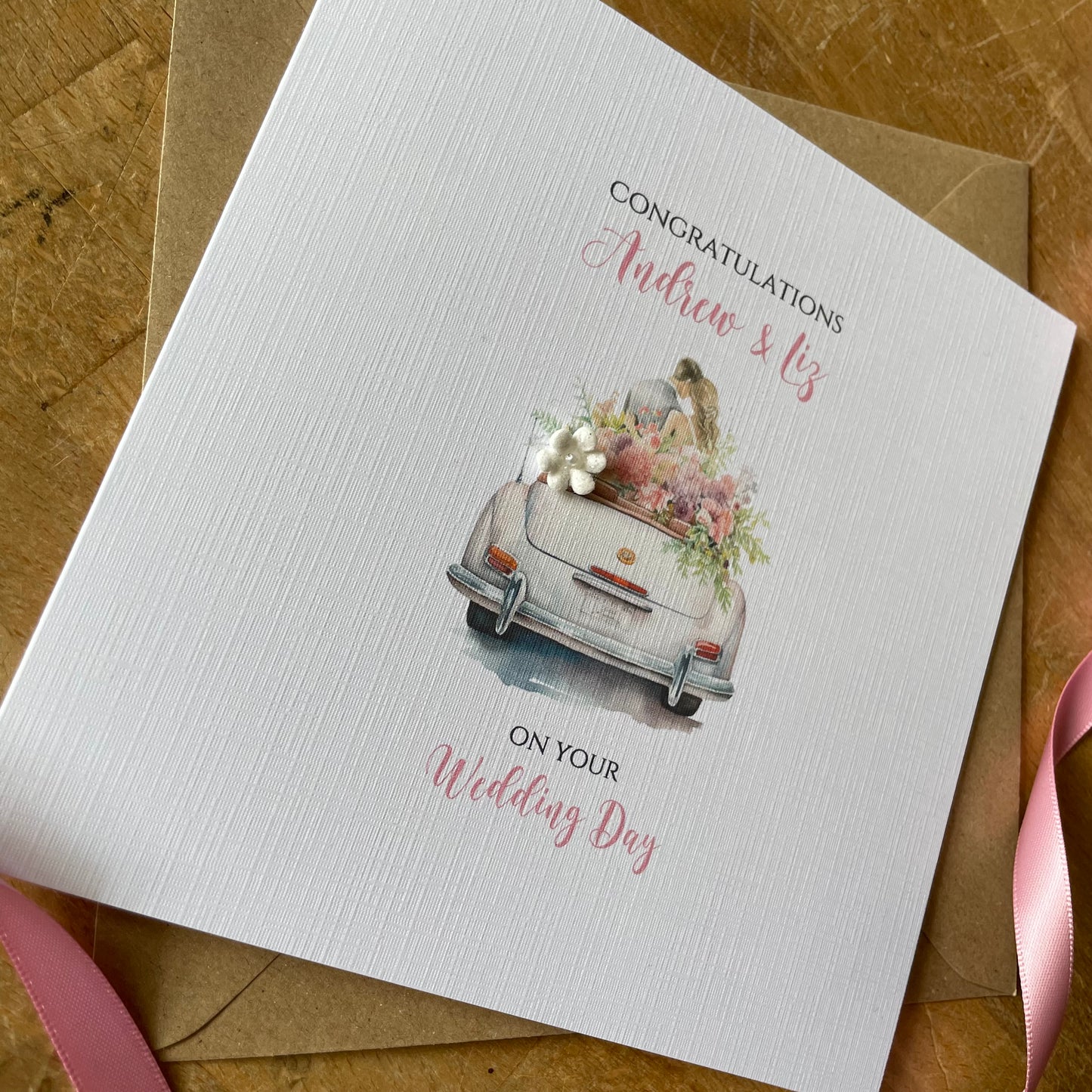 Personalised Wedding Day Card - Floral Wedding Car - Congratulations on your Wedding Day, Named Newlywed Card, Wedding Gift Card