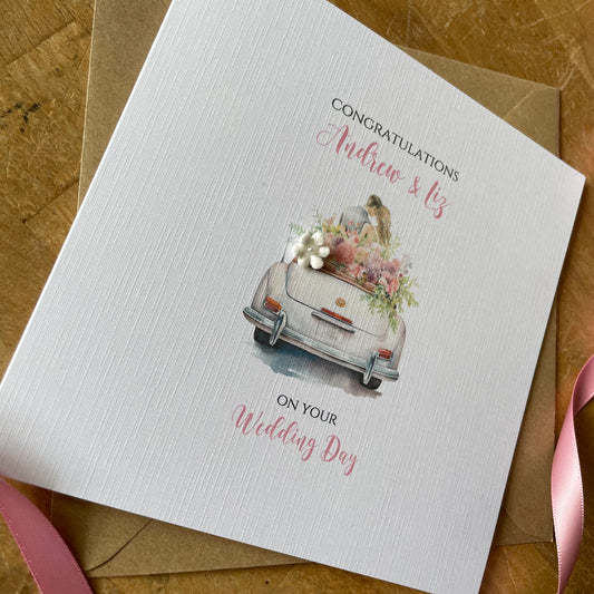 Personalised Wedding Day Card - Floral Wedding Car - Congratulations on your Wedding Day, Named Newlywed Card, Wedding Gift Card