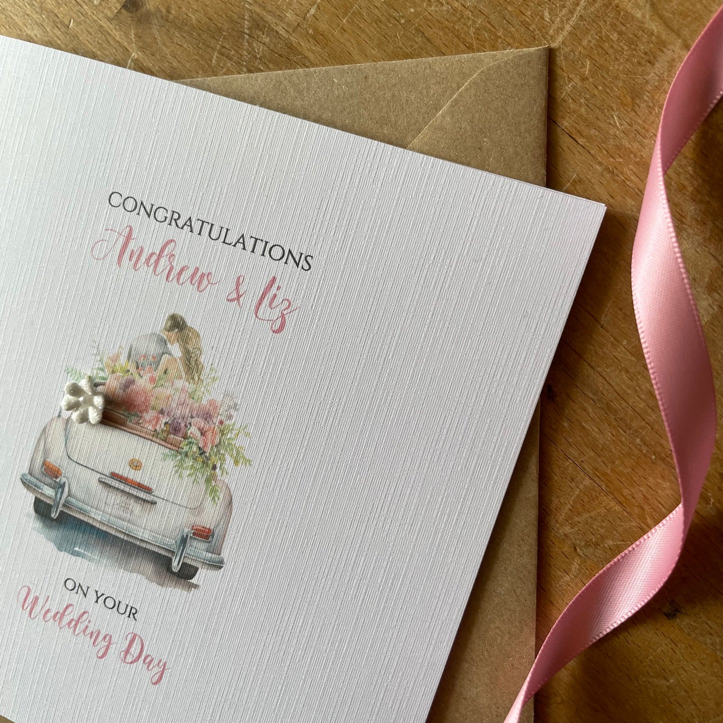 Personalised Wedding Day Card - Floral Wedding Car - Congratulations on your Wedding Day, Named Newlywed Card, Wedding Gift Card