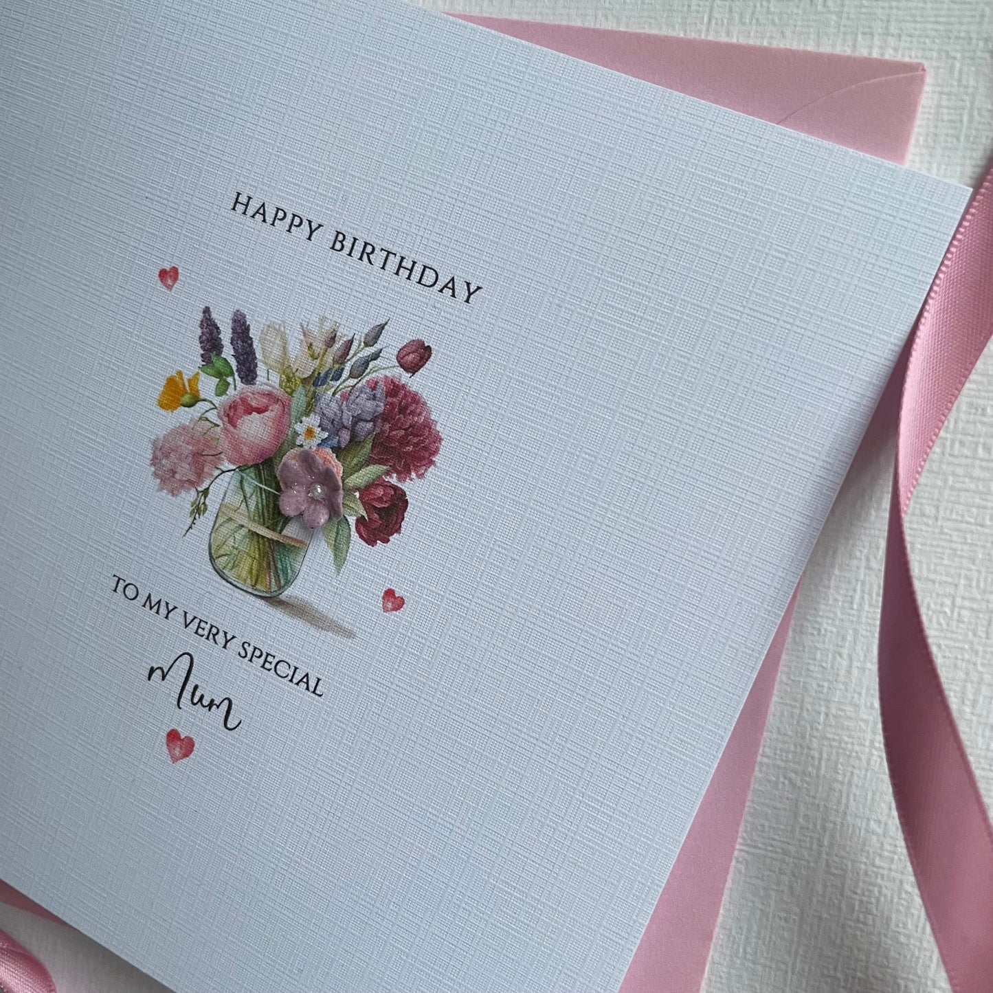 Personalised Birthday Card, Vase of Flowers & Hearts, Floral Birthday Gift Card - any name or age
