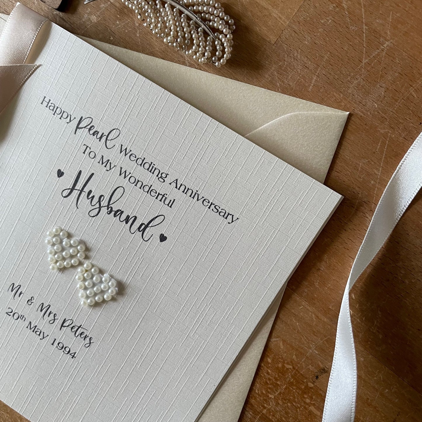Pearl 30th Wedding Anniversary Card, Luxury Ribbon Full Pearl Hearts Personalised Anniversary Card