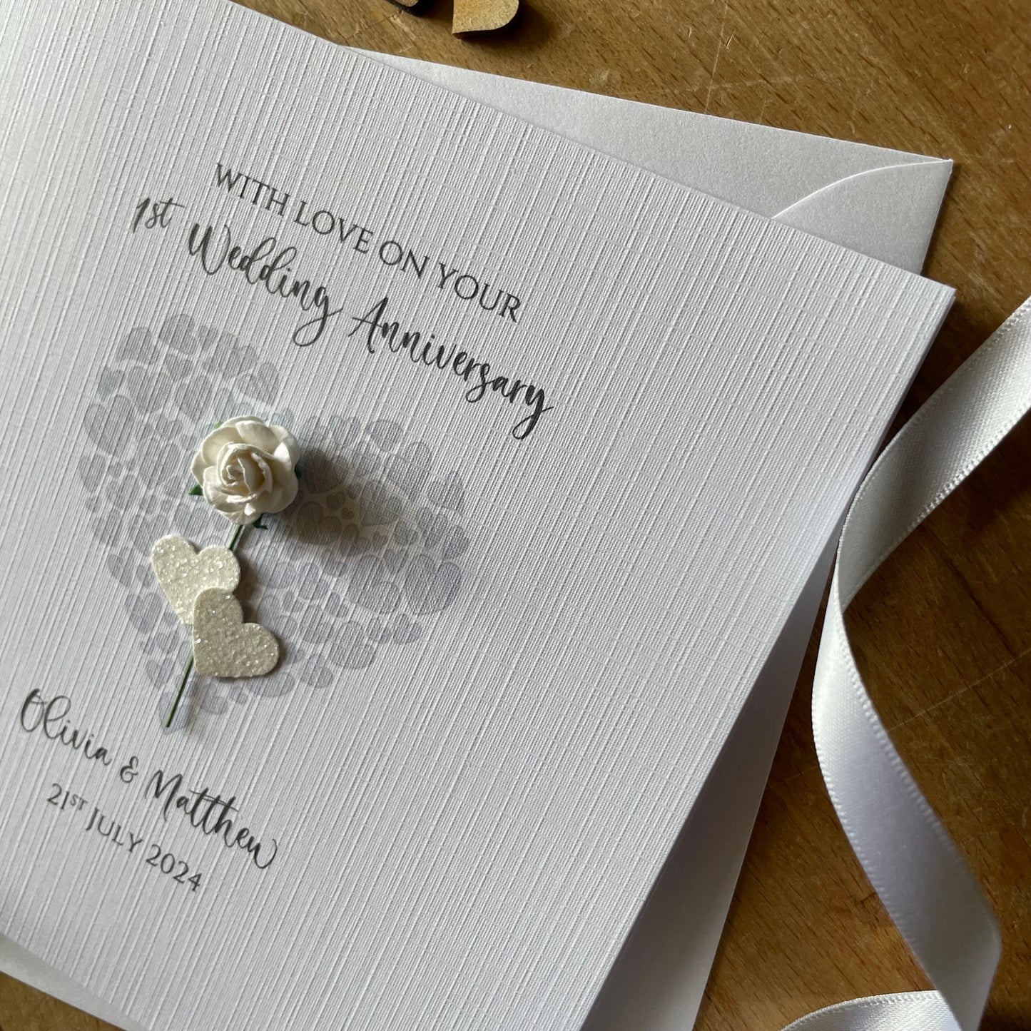 1st Wedding Anniversary Card - Paper Rose Heart of Hearts - Personalised