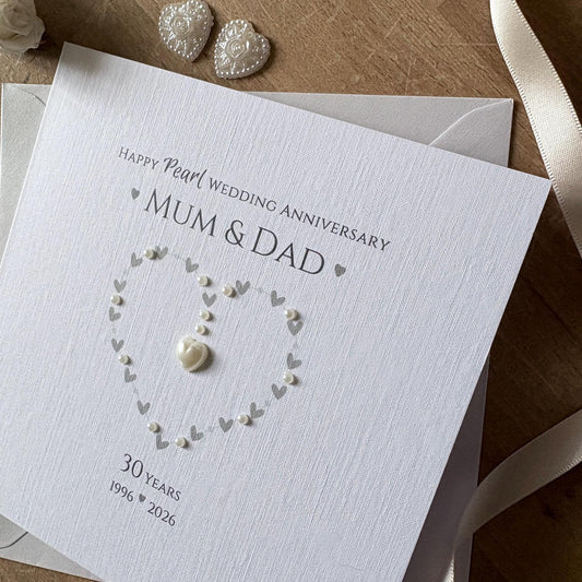 Personalised Pearl 30th Wedding Anniversary Card - Heart with Pearl Centre