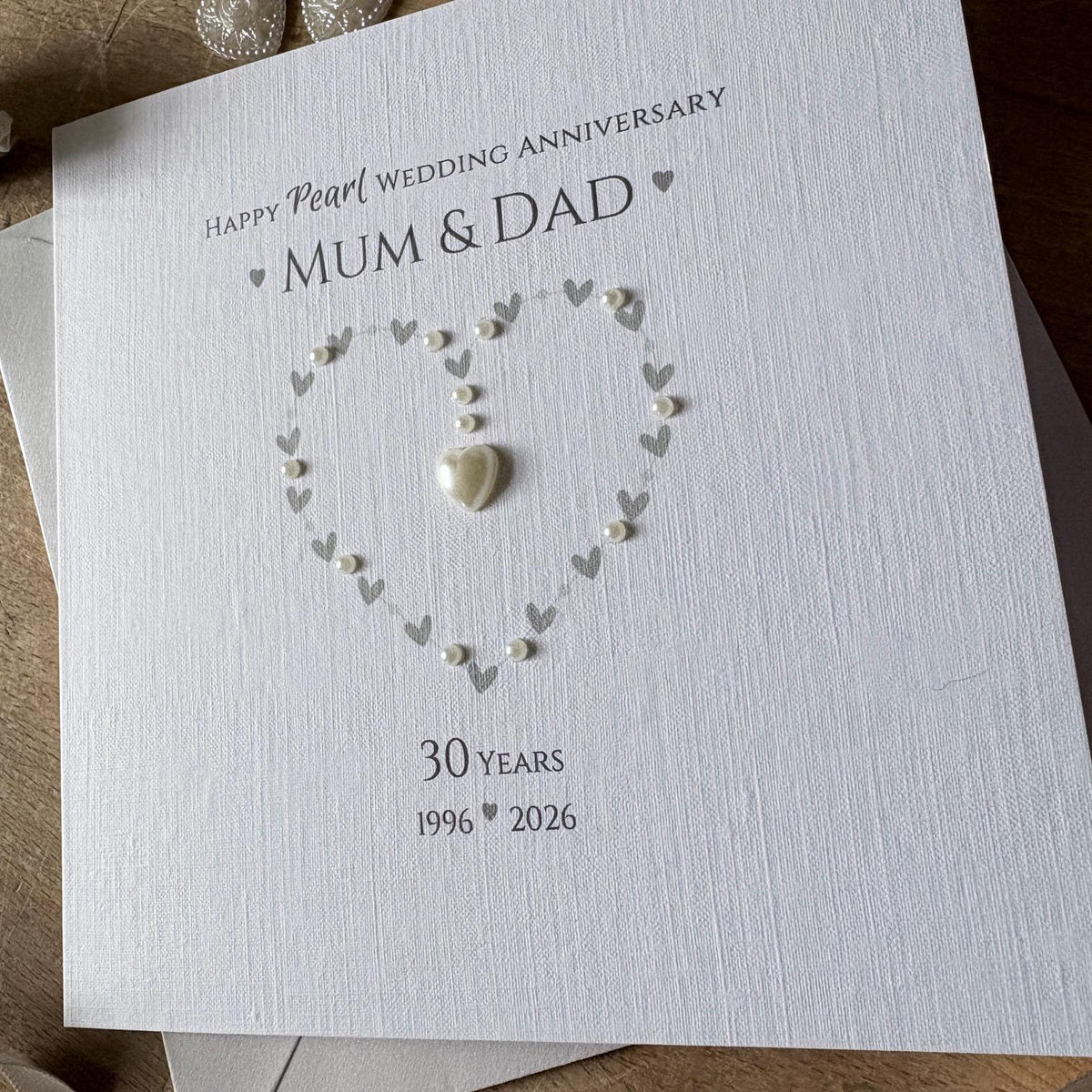 Personalised Pearl 30th Wedding Anniversary Card - Heart with Pearl Centre