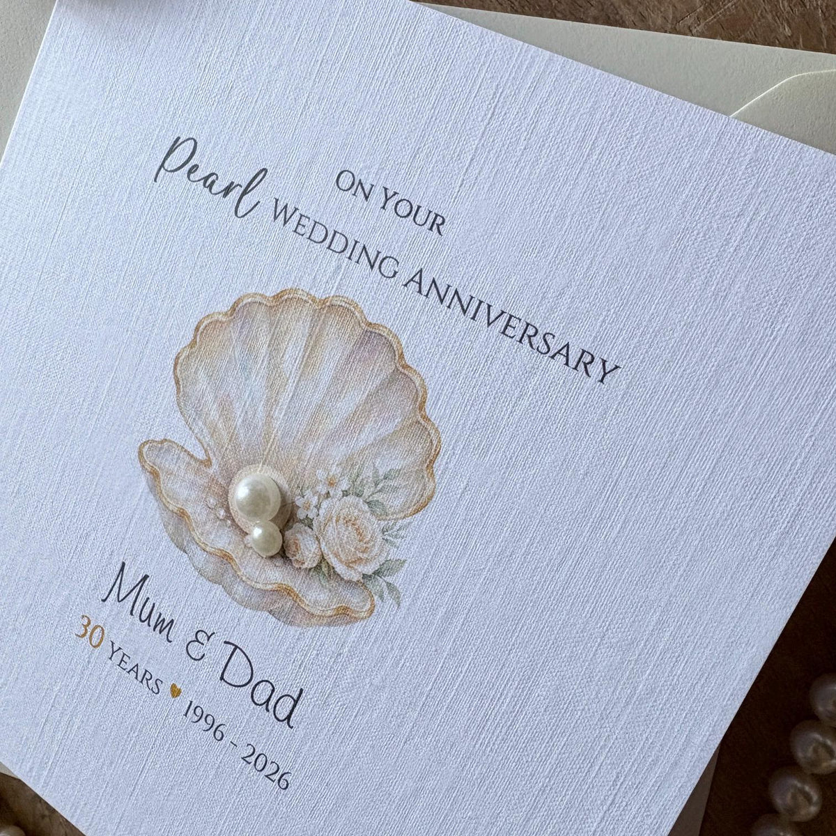 Personalised Pearl 30th Wedding Anniversary Card - Floral Seashell and Pearls