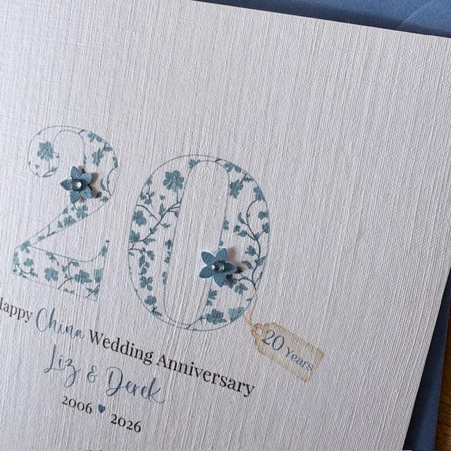 Personalised 20th Wedding Anniversary Card - China Blue Floral Number