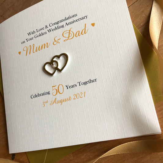 Personalised Golden 50th Anniversary Card - Pearl Centre Hearts - photo 2