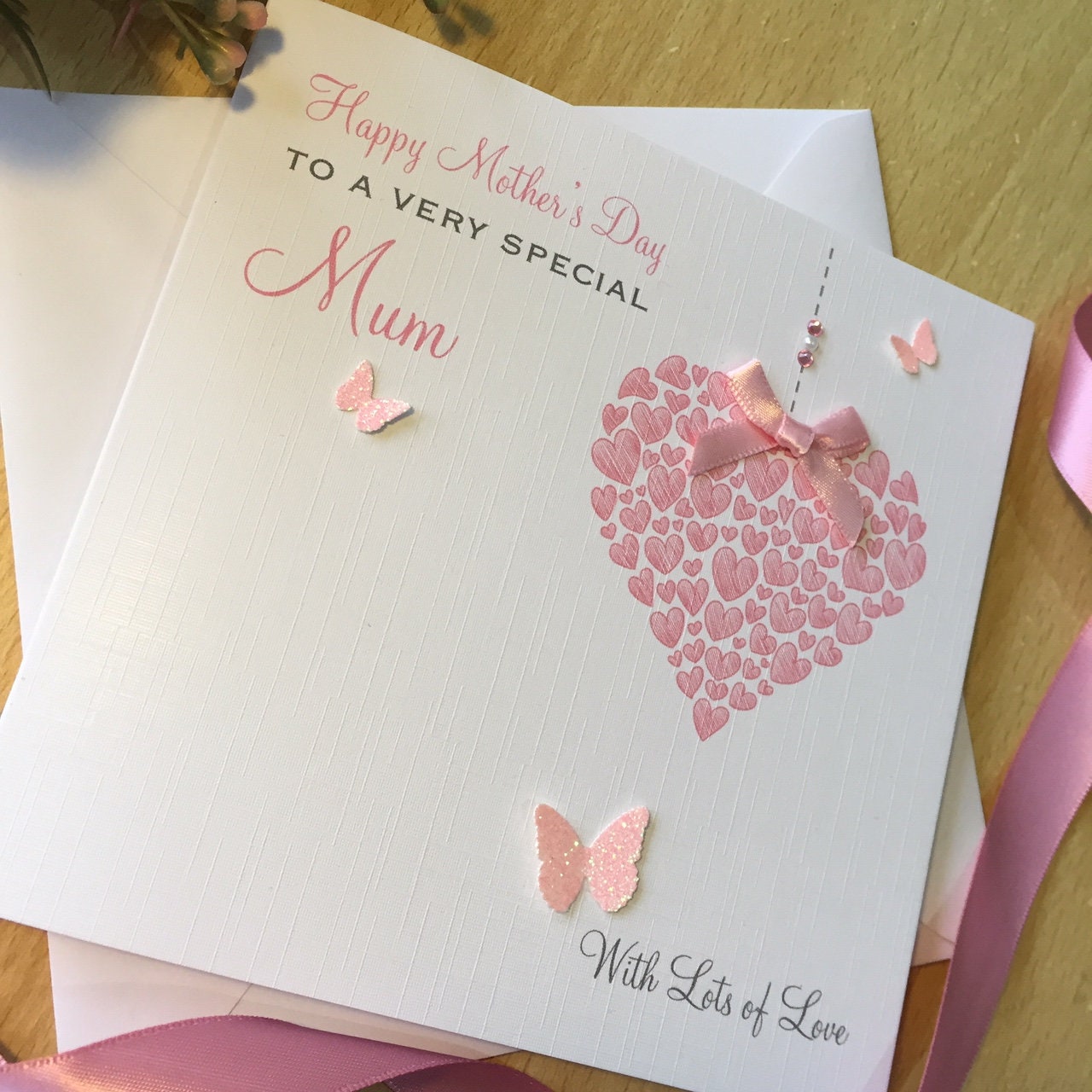 Personalised Mother's Day Card - Heart of Hearts and Glitter Butterflies - Pink
