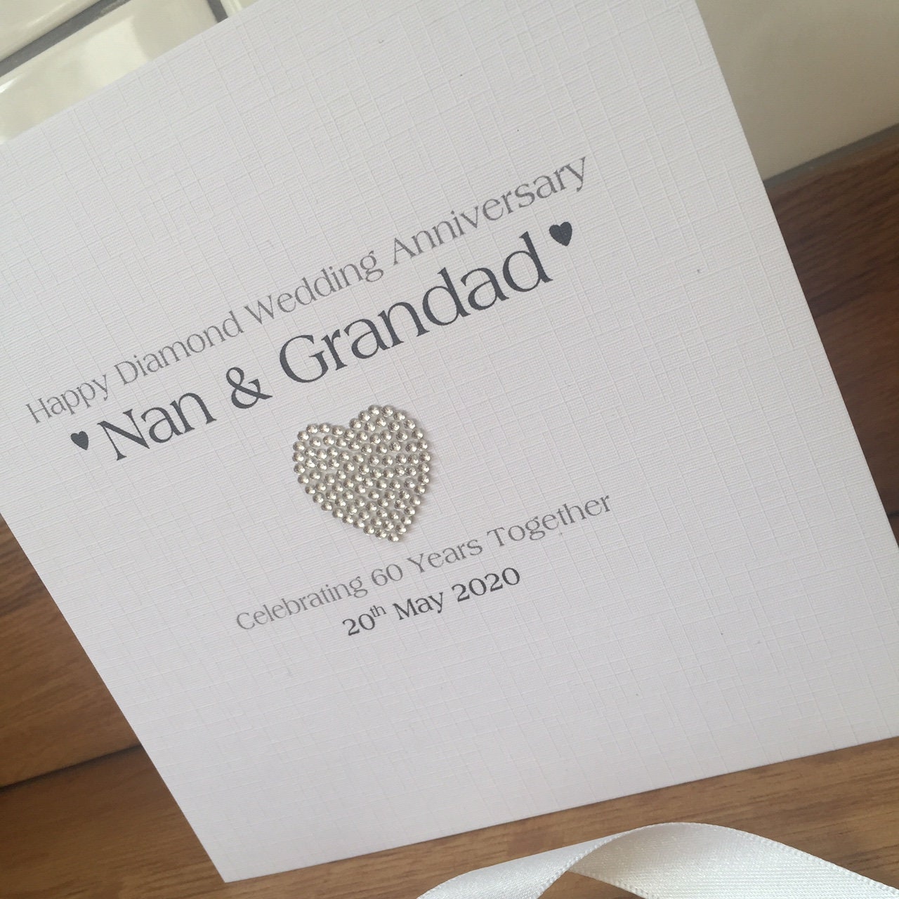 Personalised Diamond 60th or Platinum 70th Wedding Anniversary Card - Diamante Heart
