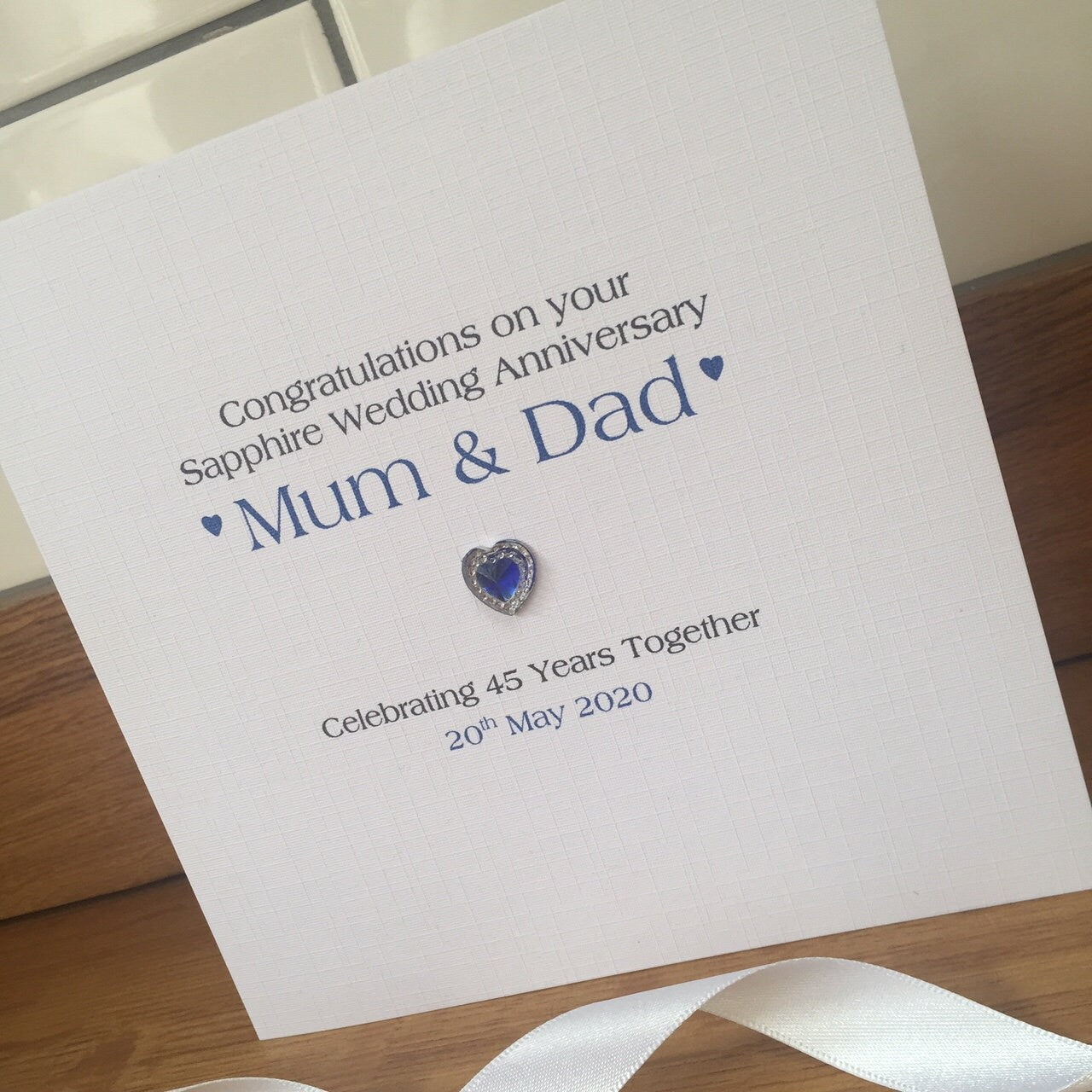 Sapphire 45th 65th Wedding Anniversary Card - Crystal Heart - Personalised Card