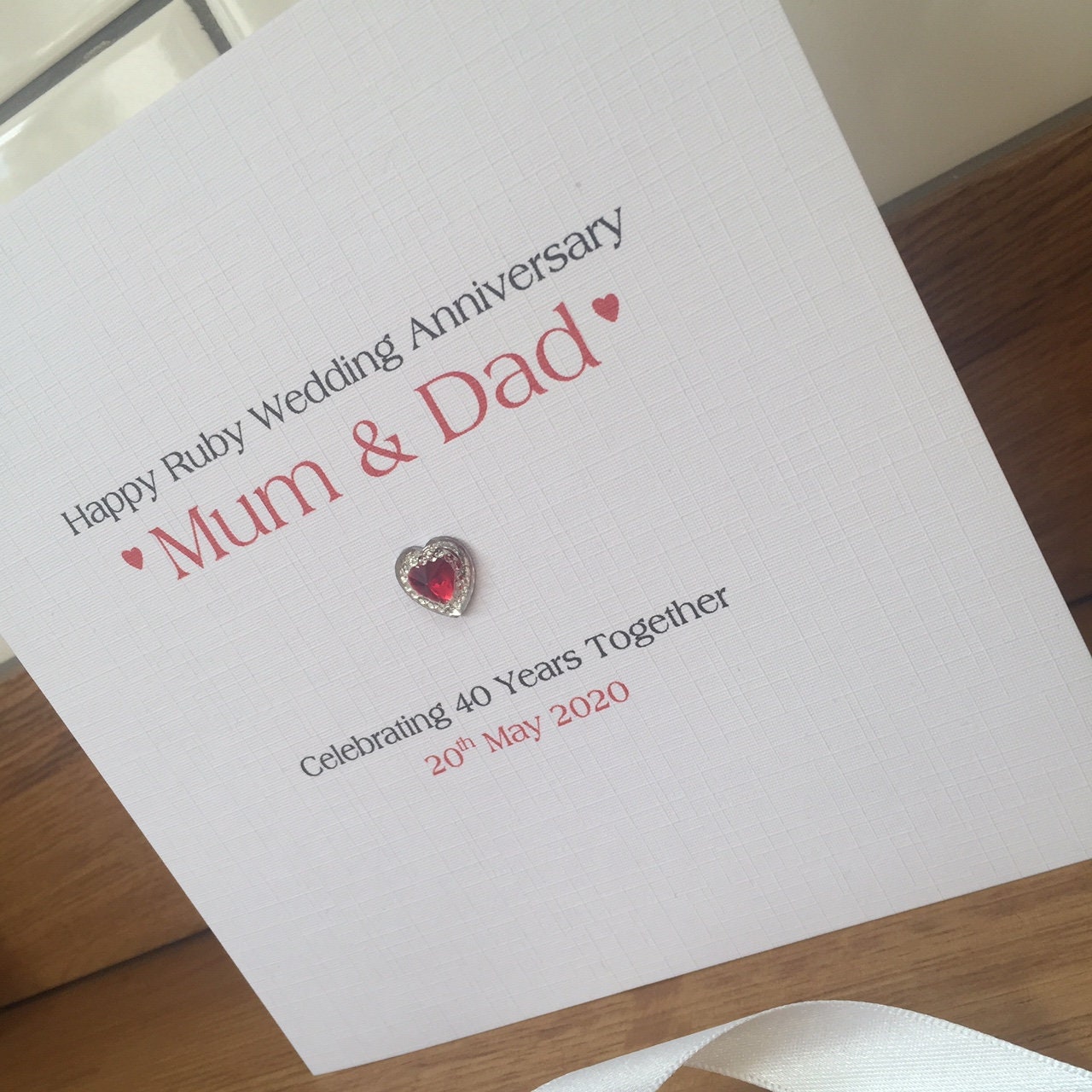 Ruby Wedding Anniversary Card - Crystal Heart - 40 Years Personalised Anniversary