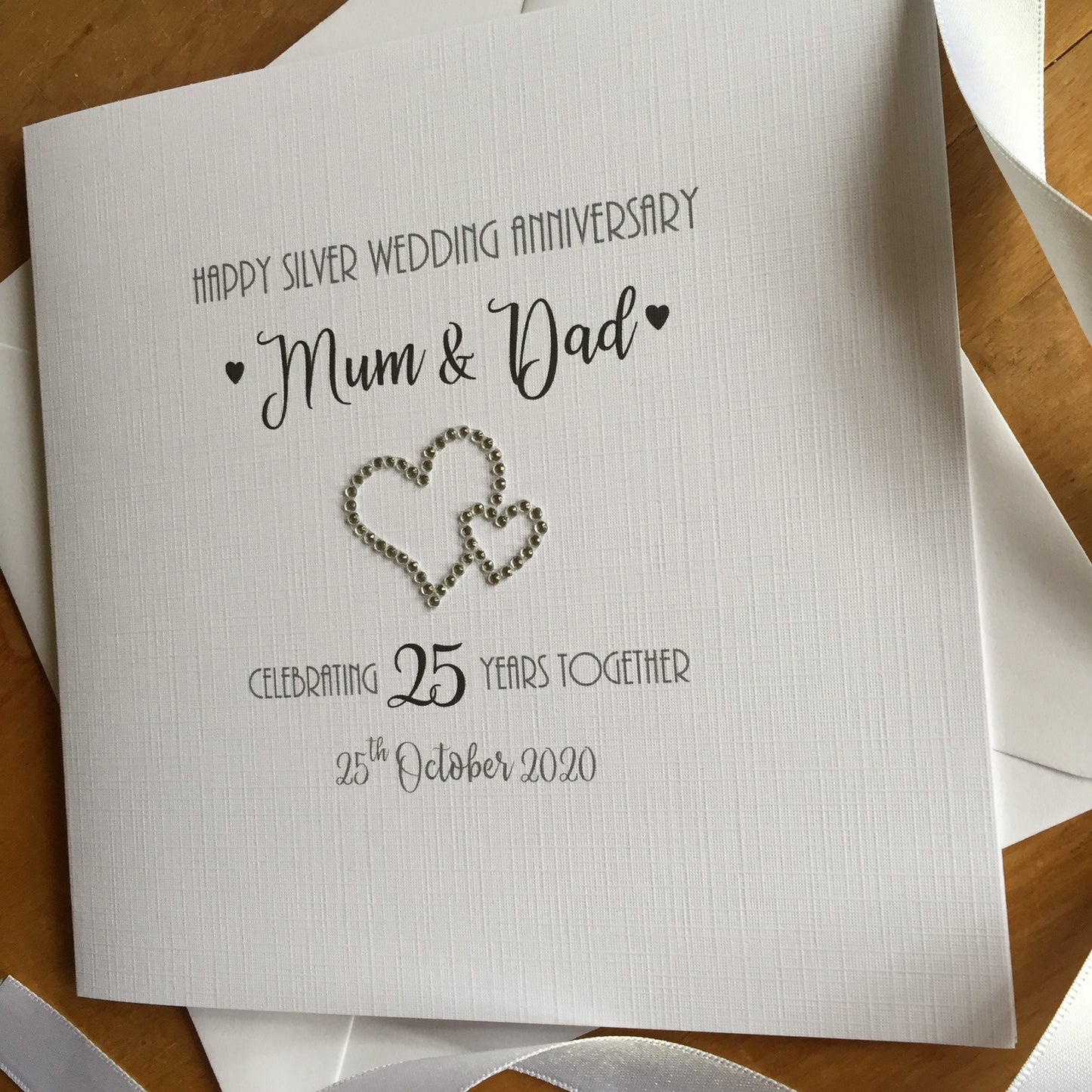Silver 25th Wedding Anniversary Card - Double Diamante Hearts - 25th Anniversary Card, Silver Wedding
