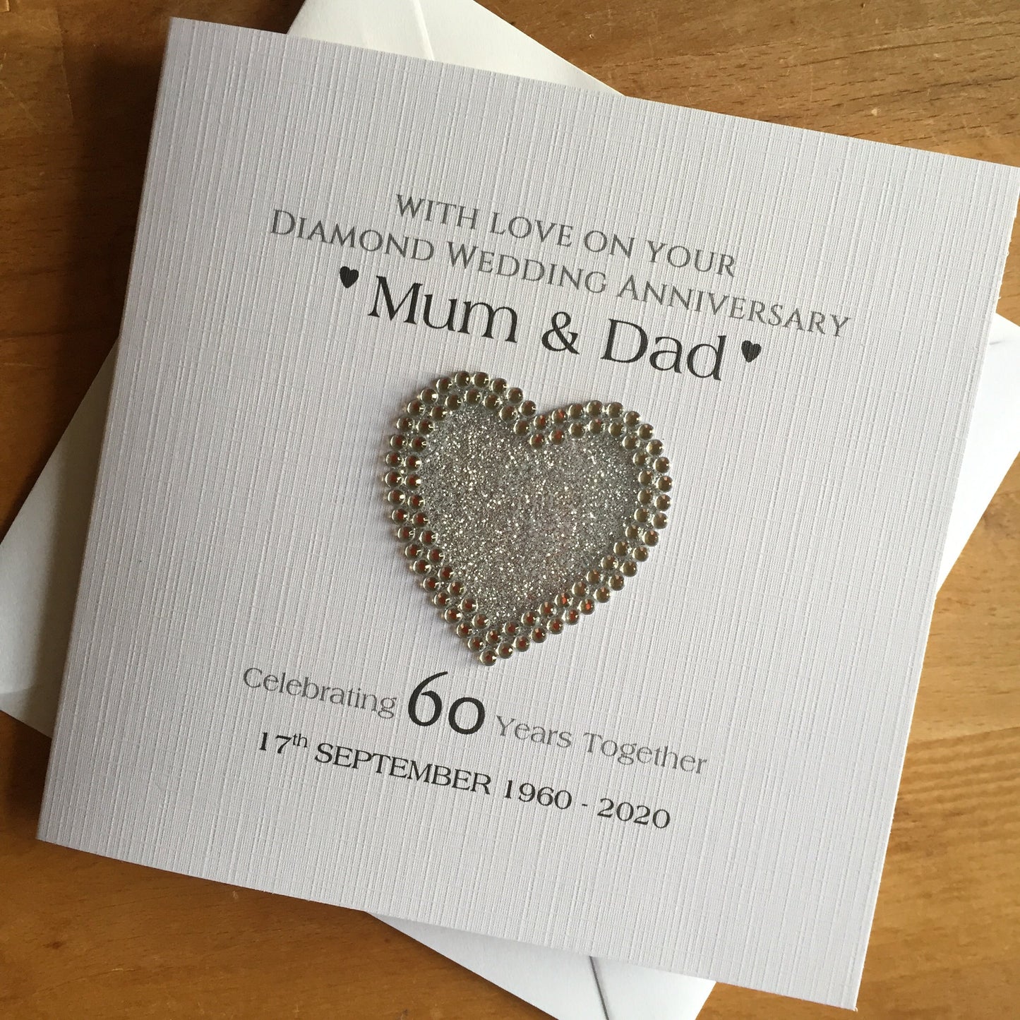 Platinum, Diamond Wedding Anniversary Card - Diamante Glitter Heart - 60th or 70th Anniversary Card, 60 or 70 Years