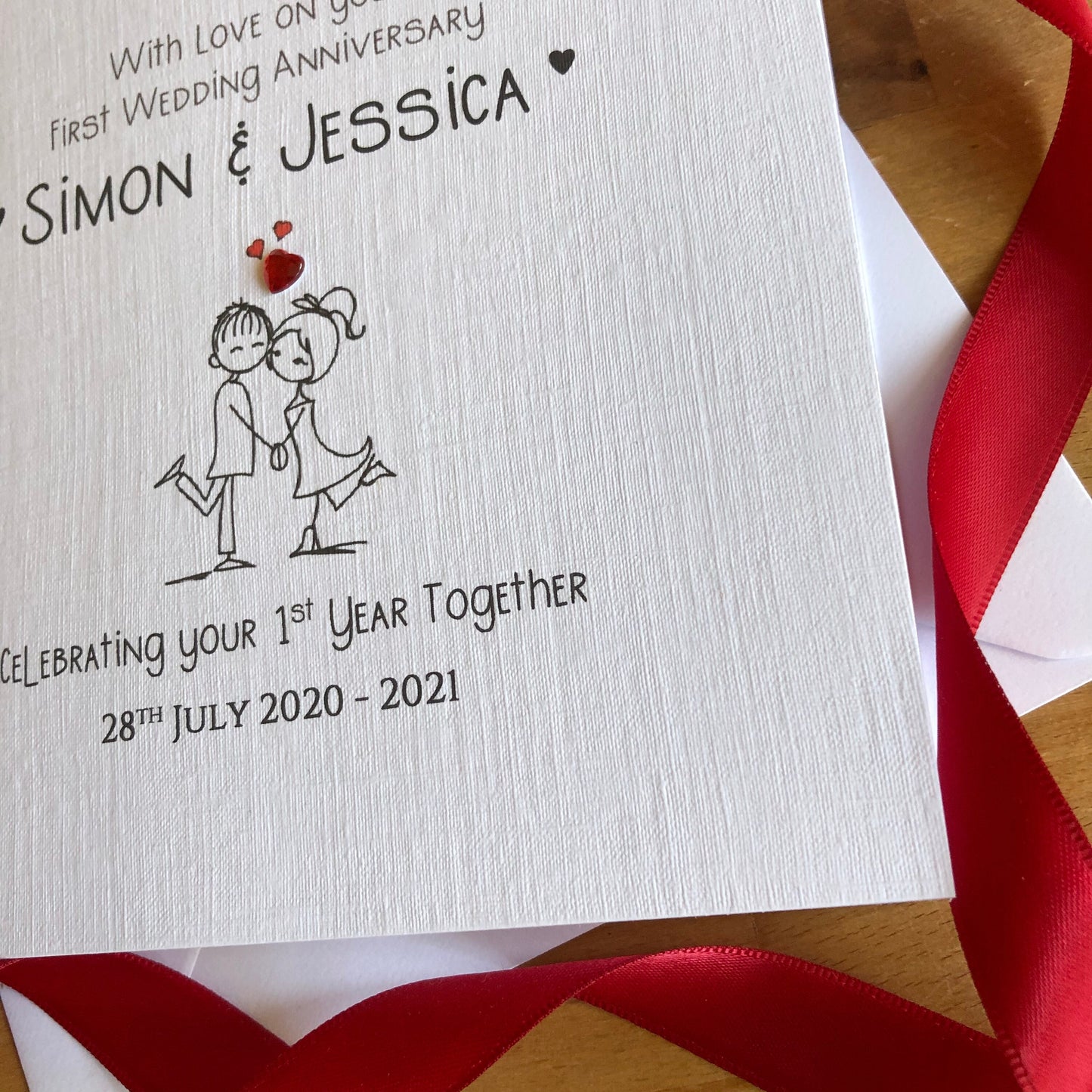 1st Wedding Anniversary Card, First Anniversary - Red Crystal Heart Couple