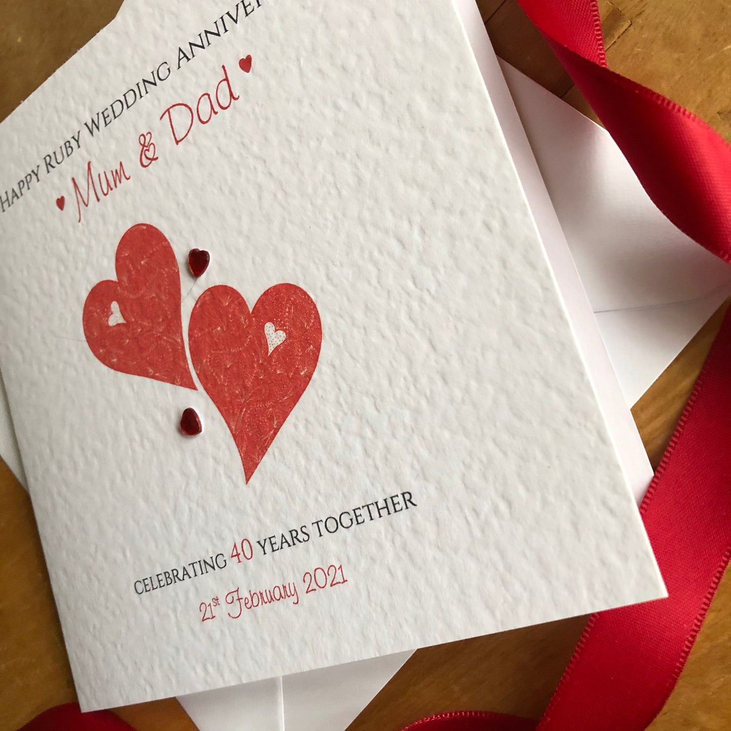Ruby Wedding Anniversary Card, 40th Anniversary - Two Hearts Personalised