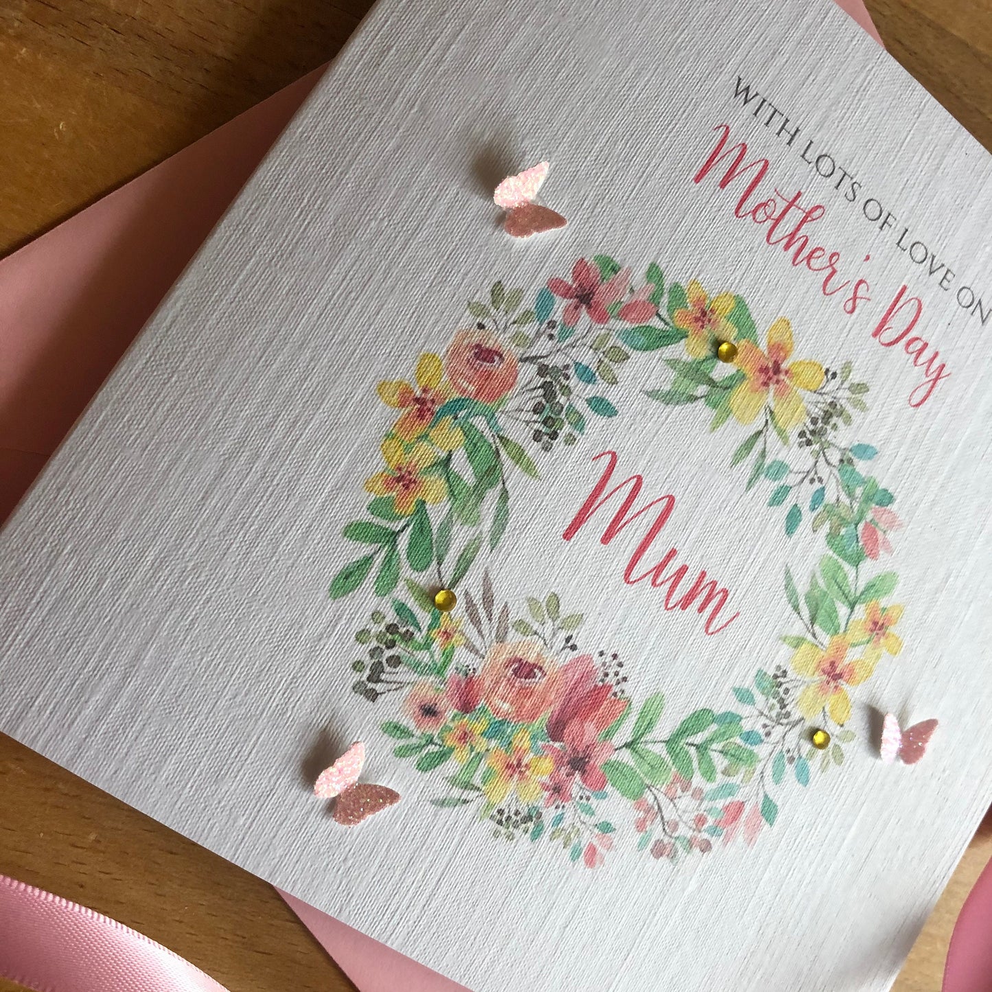 Personalised Mother's Day Card - Floral Wreath & Butterflies - Special Mum, Nan, Carer, any name