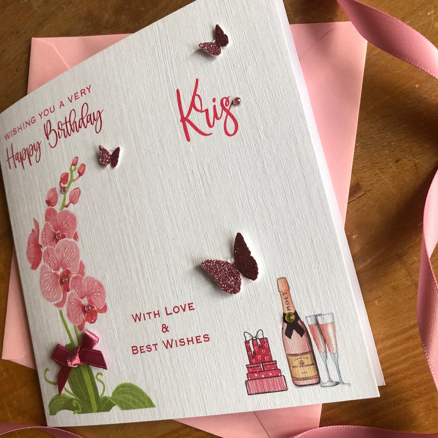 Personalised Birthday Card - Orchids, Champagne & Butterflies