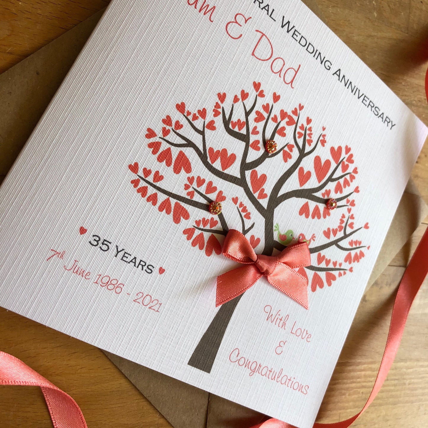 Personalised Coral 35th Wedding Anniversary Card, Coral Heart Tree