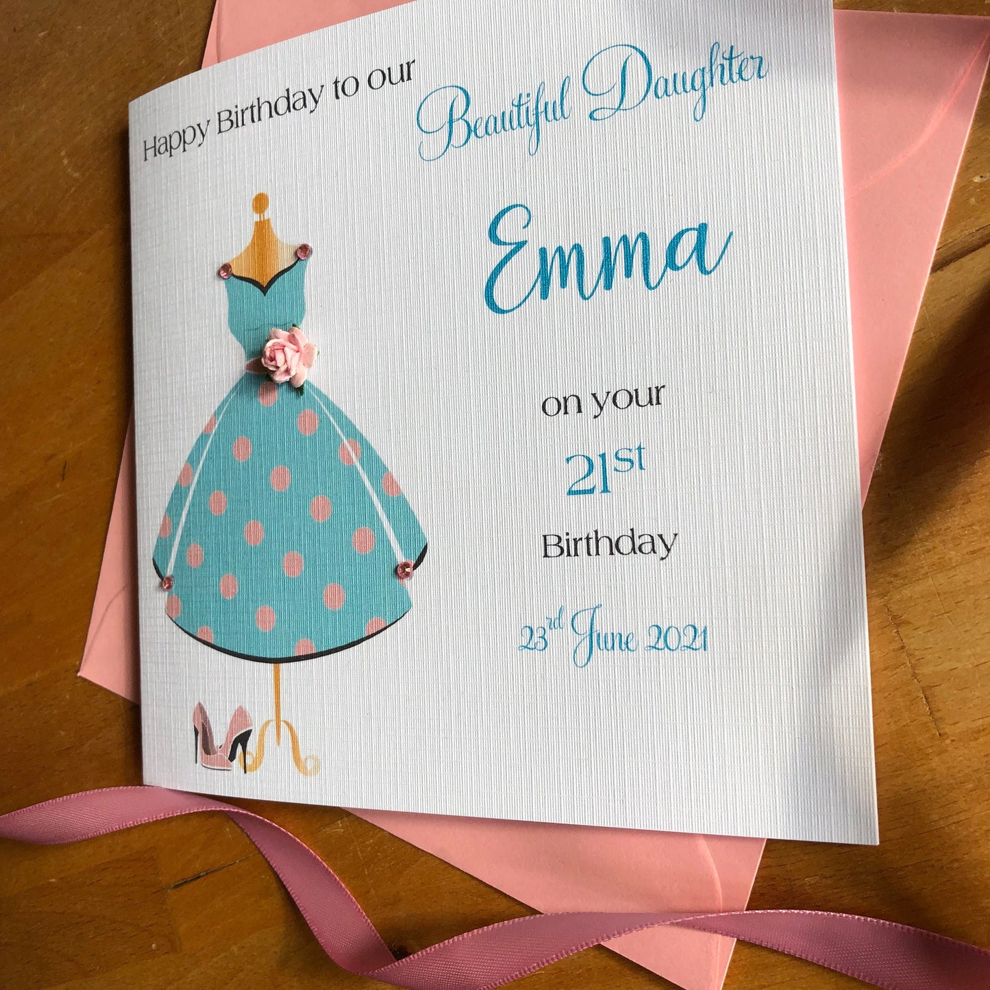 Personalised Birthday Card, Blue Dress with Paper Rose