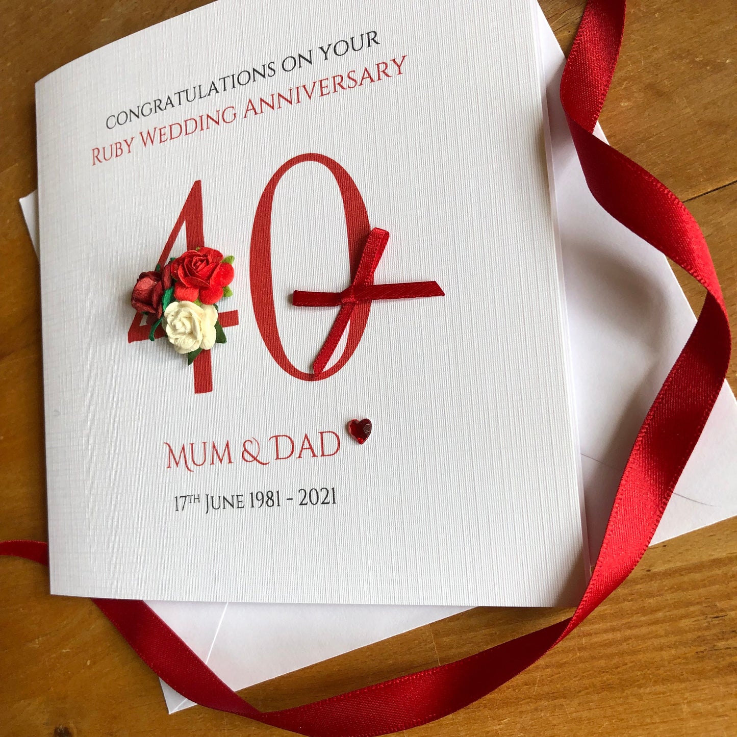 Ruby 40th Wedding Anniversary Card - Large Number with Rose Cluster - Personalised