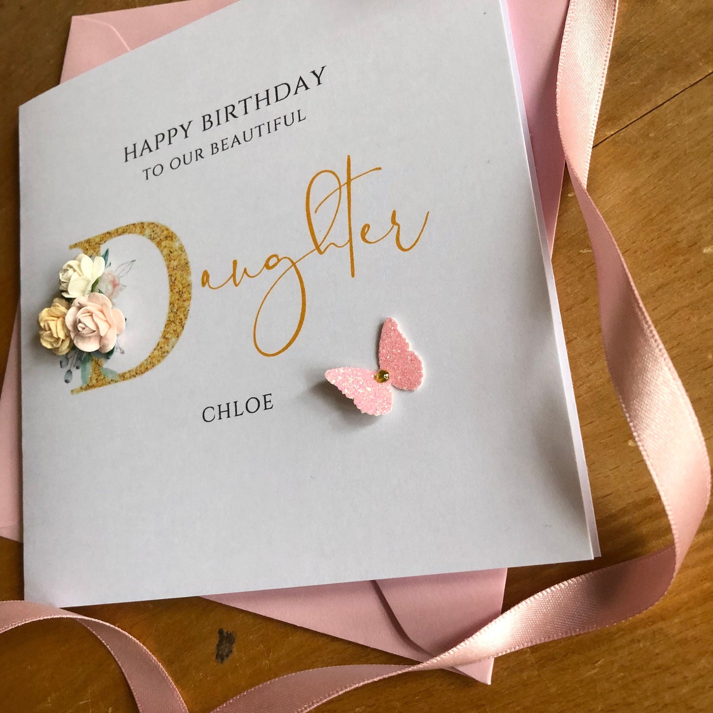 Personalised Birthday Card - Gold Letter with Paper Roses & Butterfly