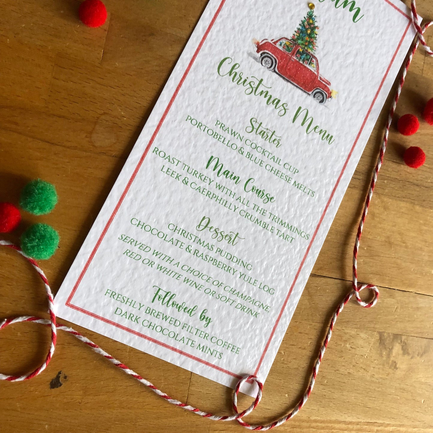 Personalised Christmas Table Menu Cards - Christmas Tree Car