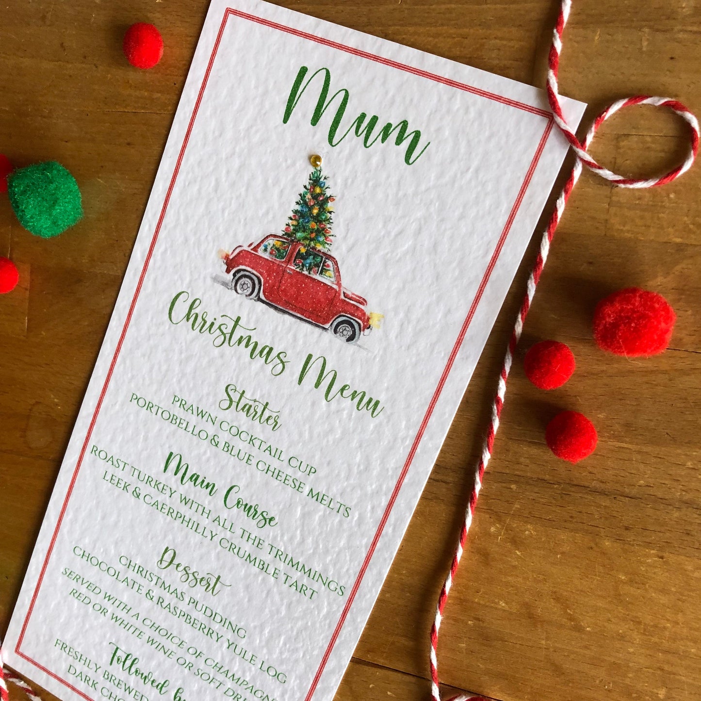 Personalised Christmas Table Menu Cards - Christmas Tree Car