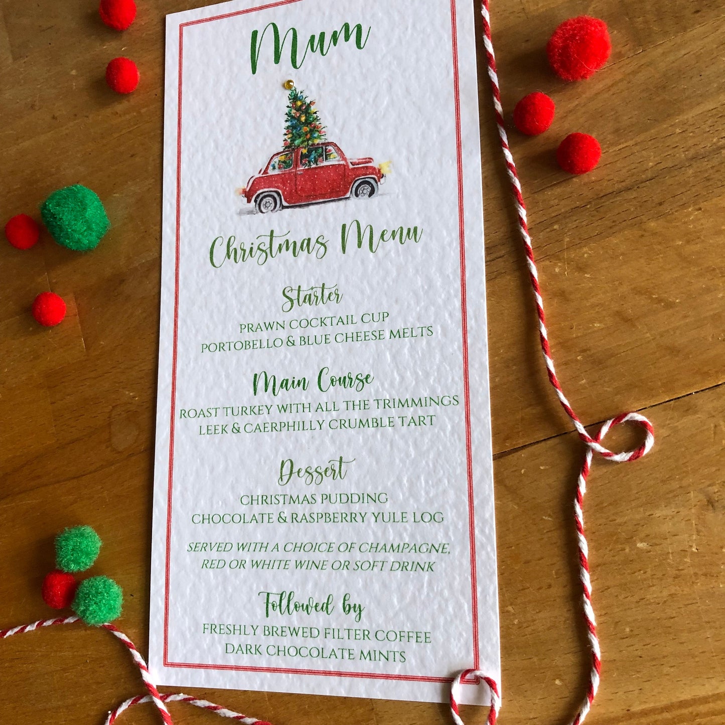 Personalised Christmas Table Menu Cards - Christmas Tree Car