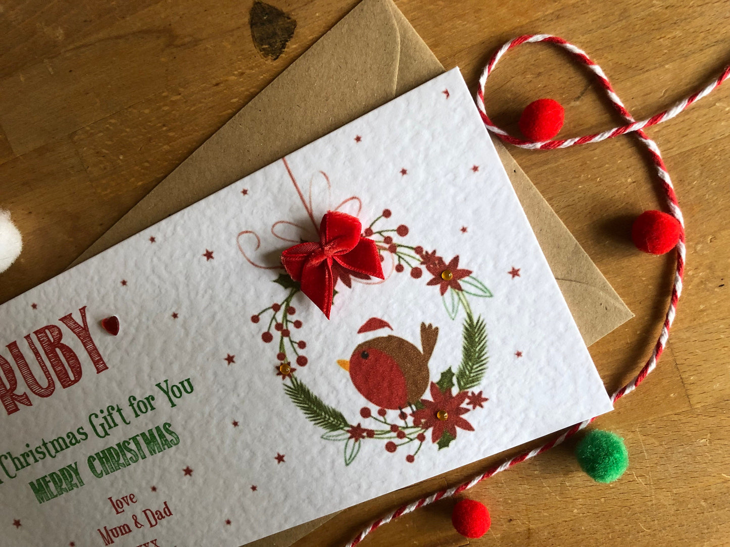 Personalised Christmas Robin Hanger Money / Gift / Voucher Wallet - Money Wallet with Crystals and Bow