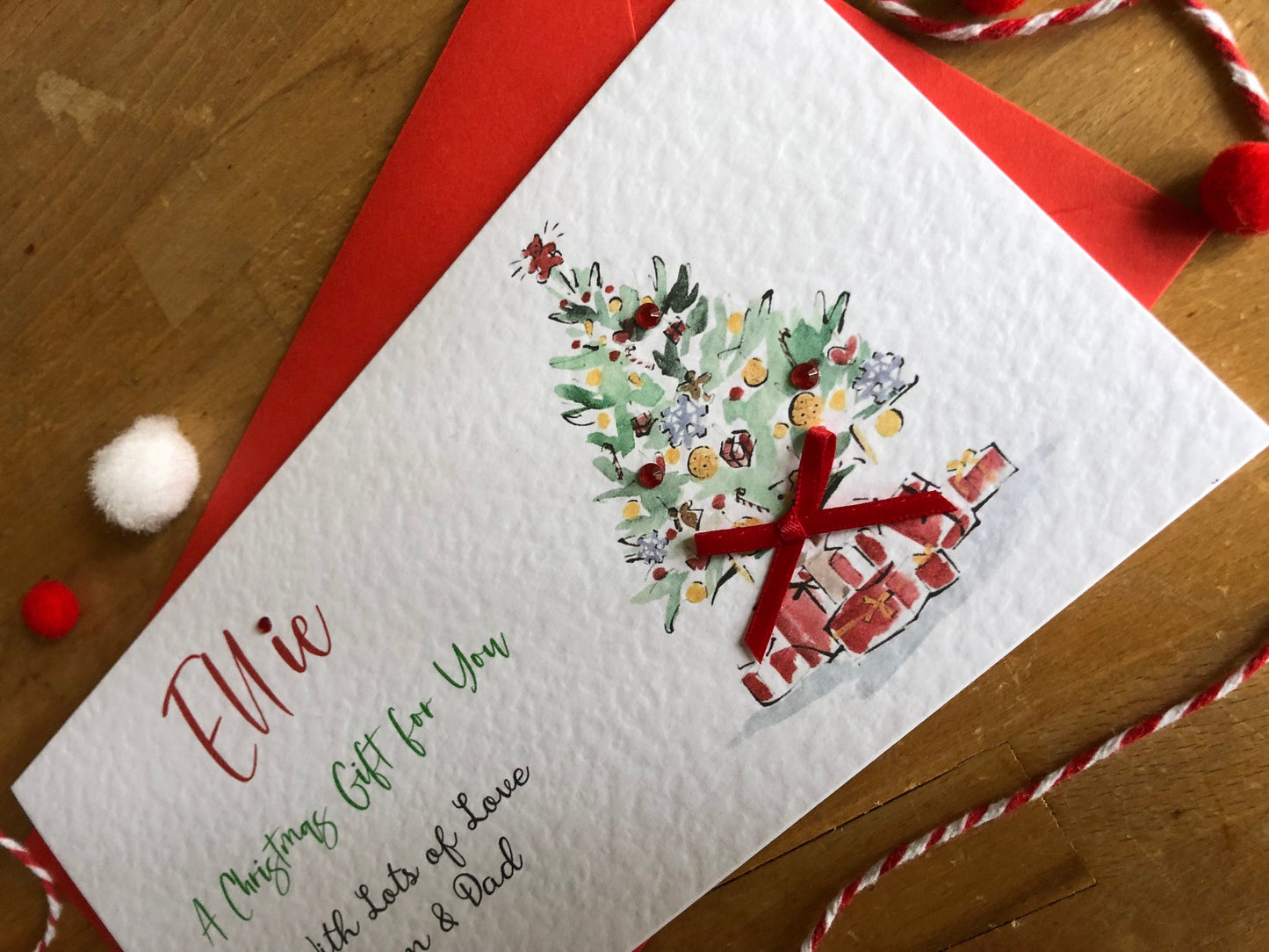 Personalised Christmas Tree - Watercolour - Money / Gift / Voucher Wallet with Crystals and Bow