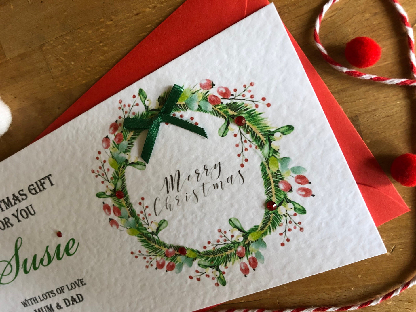 Personalised Christmas Wreath Money / Gift / Voucher Wallet with Crystals and Bow