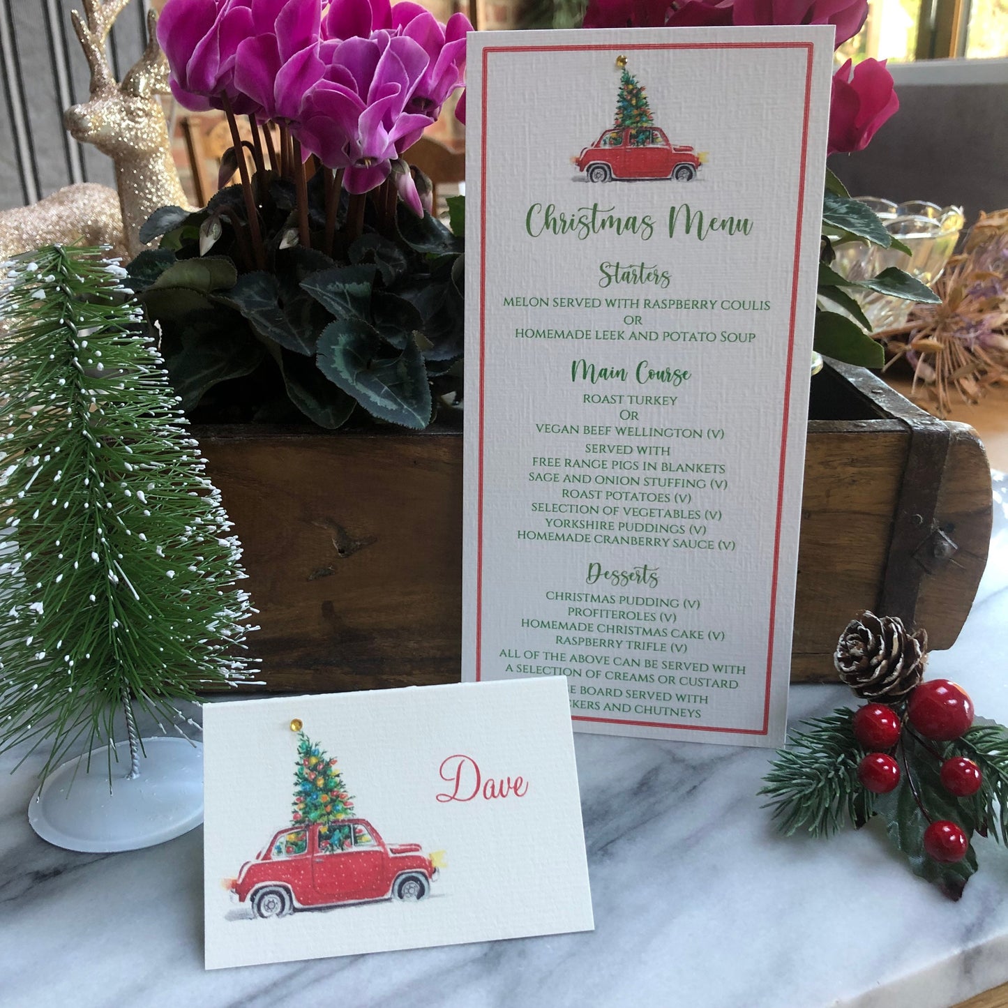Personalised Christmas Table Name Cards - Christmas Tree Car