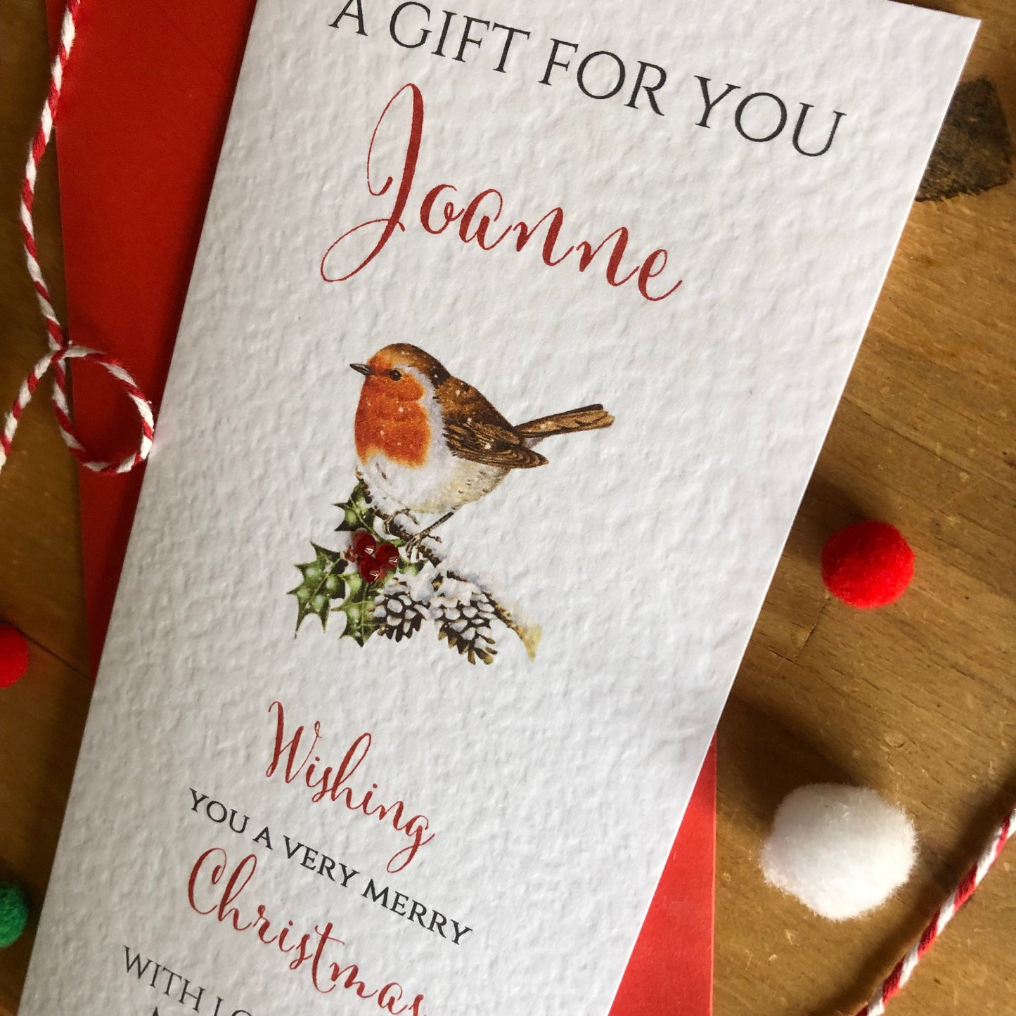 Personalised Christmas Robin Money / Gift / Voucher Wallet - Money Wallet with Crystals and Bow