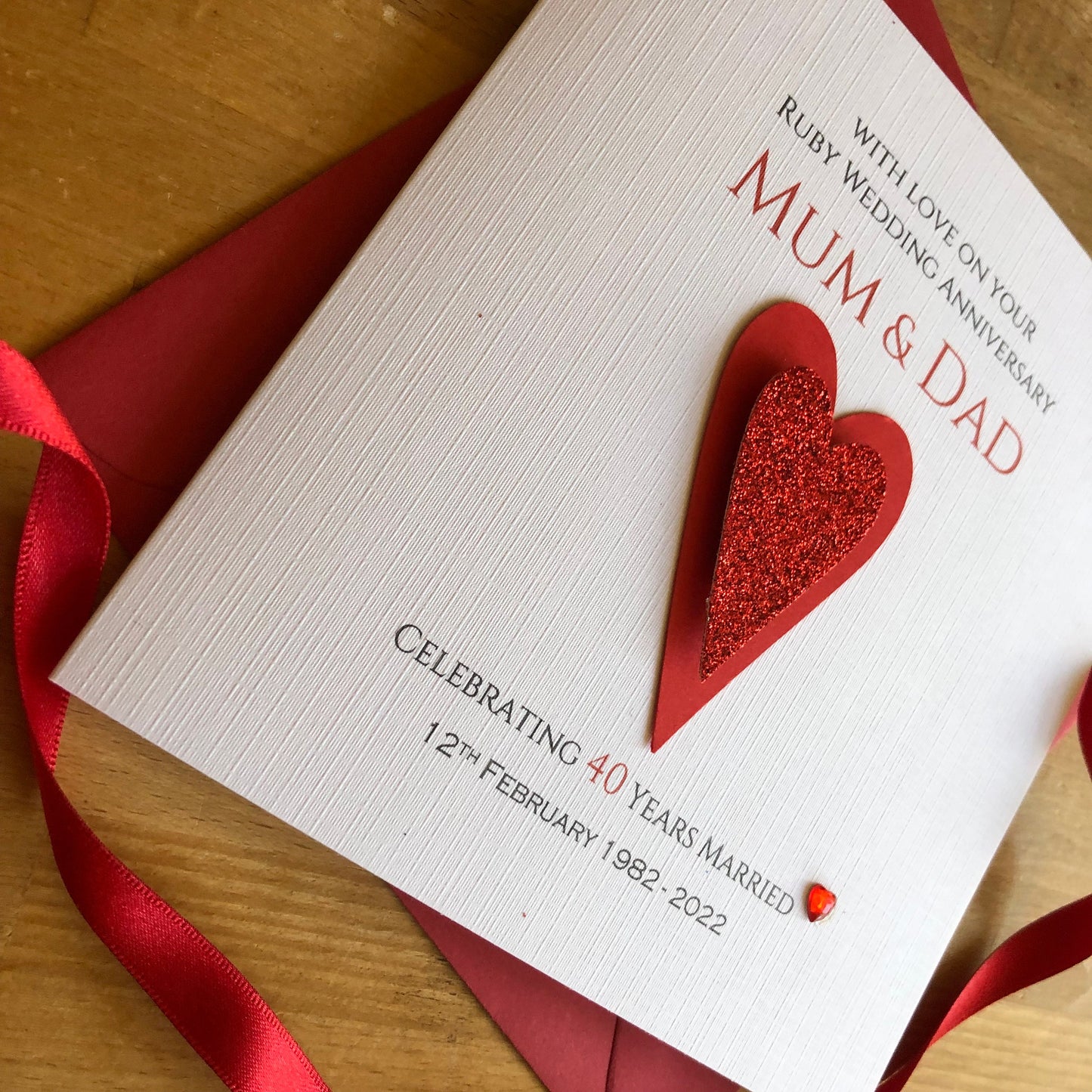Ruby Wedding Anniversary Card, 40th Anniversary - Personalised Glitter Hearts