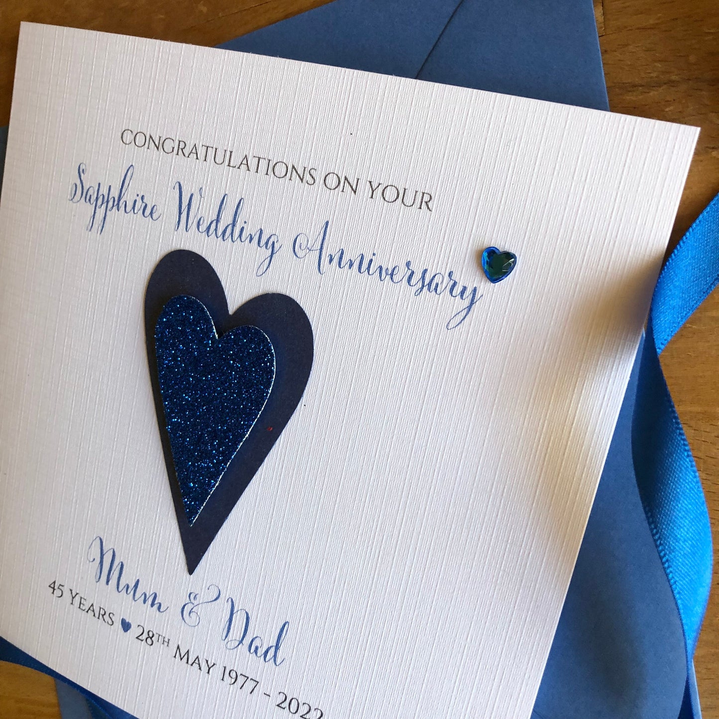 Sapphire Wedding Anniversary Card, Glitter Hearts, 45 or 65 Years