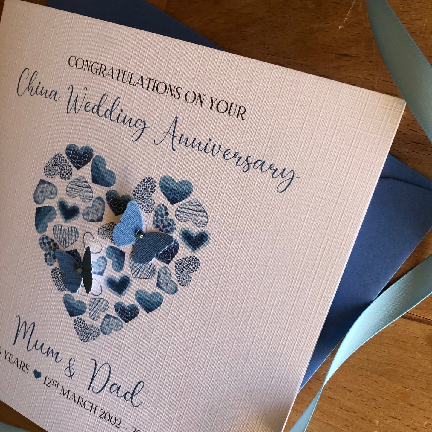 Personalised China Wedding Anniversary Card, 20th Anniversary, Hearts of Hearts Anniversary Card
