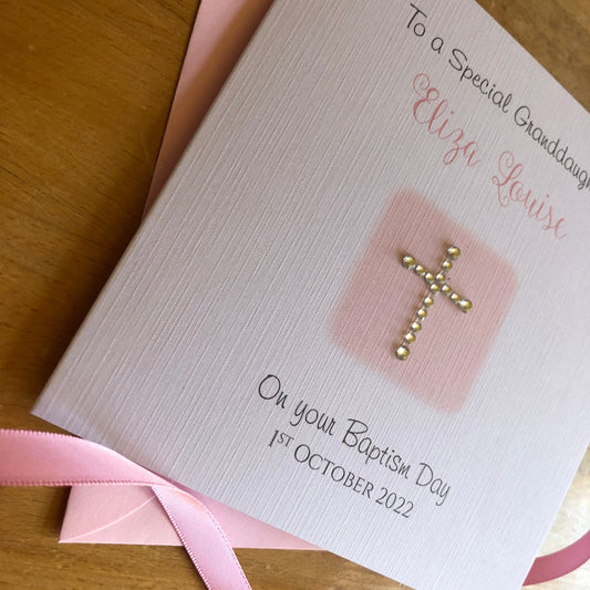 Personalised Christening Card - Diamante Cross - Granddaughter Baptism, Goddaughter, Daughter