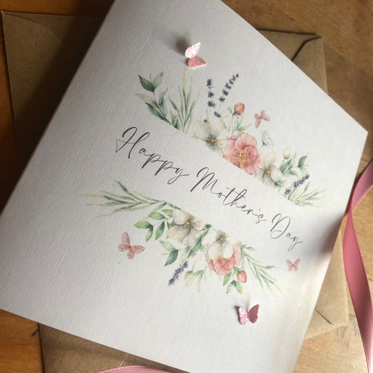 Personalised Mother's Day Card - Dusky Pink Floral Frame & Glitter Butterflies - Special Mum, Nan, Carer, Step Mum