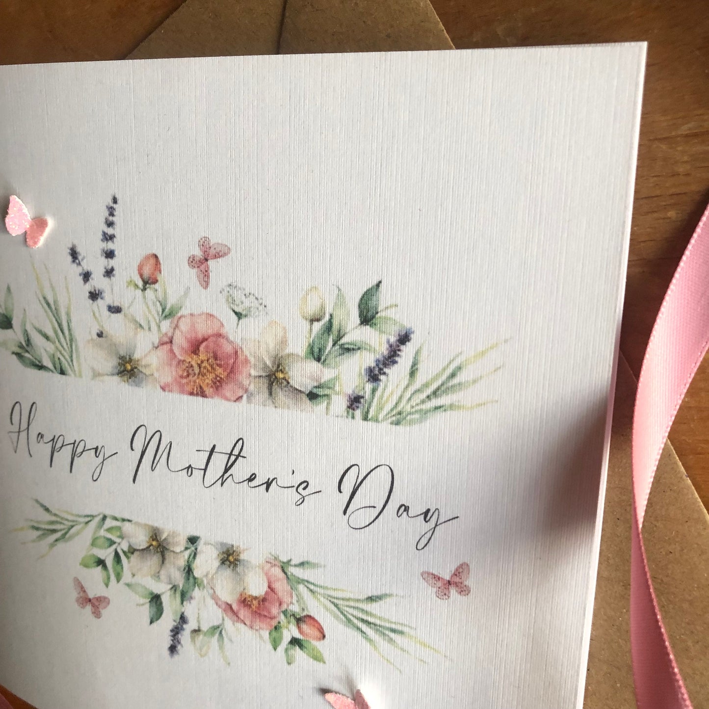 Personalised Mother's Day Card - Dusky Pink Floral Frame & Glitter Butterflies - Special Mum, Nan, Carer, Step Mum